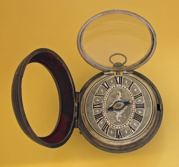 Leather-covered silver pair-cased verge watch with extending hand by Bernard van der Cloesen, Hague, c.1700 (British Museum No. 1958,1201.56)