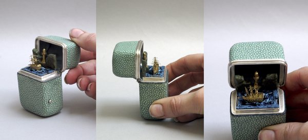 The musical ship automaton mechanism after restoration, in a purpose-made shagreen covered silver box (photo series courtesy of Brittany Cox)