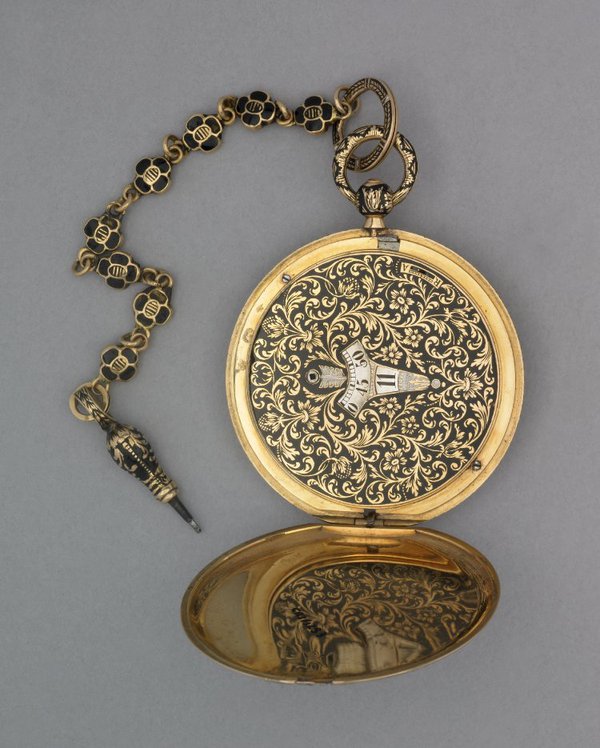 Gold and niello cased cylinder watch by Jean François Bautte & Cie (attributed), Switzerland c.1830.  The watch has moving discs for hours and minutes (British Museum Reg. No. 1958,1201.1283)