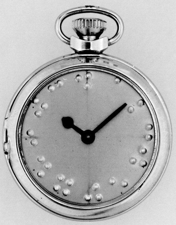 Watch with braille indication and pin-pallet escapement, made by Anglo-Celtic Watch Company in Ystradgynlais, Wales c.1952. open glass  (British Museum, reg. No. 1983,1012.104)