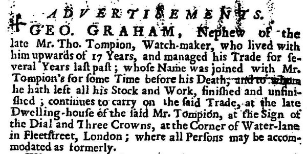 Graham’s advert of 28 November 1713 in The Englishman (© British Library)