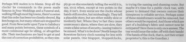 Editorial in the Guardian of 23 August 2013 calling for a clock tsar