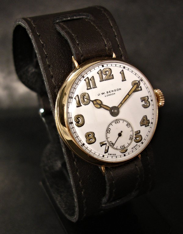 1930s 9ct gold Dennison cased JW Benson trench watch on a cuff strap