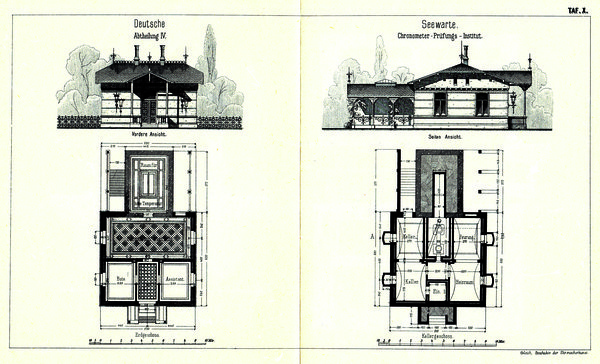 The first building for testing of chronometers erected in 1876 on the premises of the Hamburg astronomical observatory, had both a Raum für hohe Temperatur (ground floor, top left) and an ice cellar (bottom right). From Eugen Gelcich, Geschichte der Uhrmacherkunst, Weimar 18925, plate X