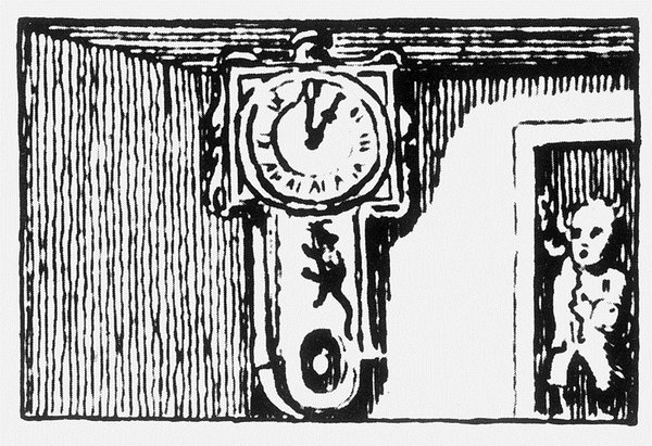 The mouse ran up the clock (woodcut from unidentified publication, probably 18th-century)