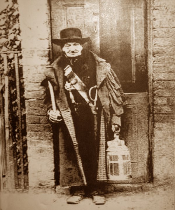 One of London's last watchmen, Charlie Rouse, outside his office in Brixton Road in 1890