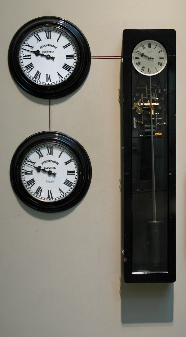 The mechanical pendulum of this Synchronome master clock is kept going by an electrical device.  Synchronome Clock Company Limited, London, c.1948 (British Museum reg. No. 2008,8023.1)