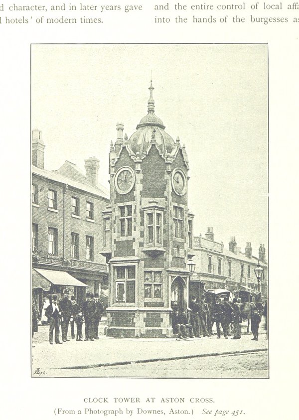 “Clock tower at Aston Cross” from Robert Dent, The Making of Birmingham, 1894 (British Library)