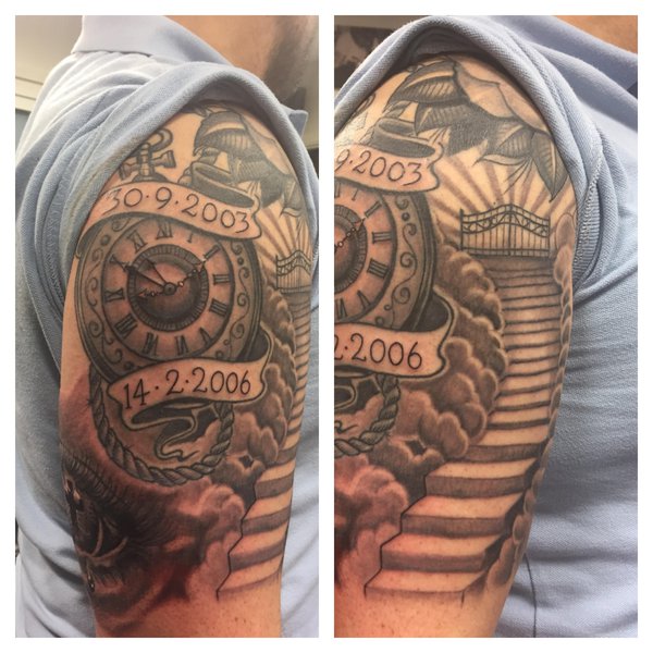 Shoulder Clock Skull Tattoo by Memorial Tattoo